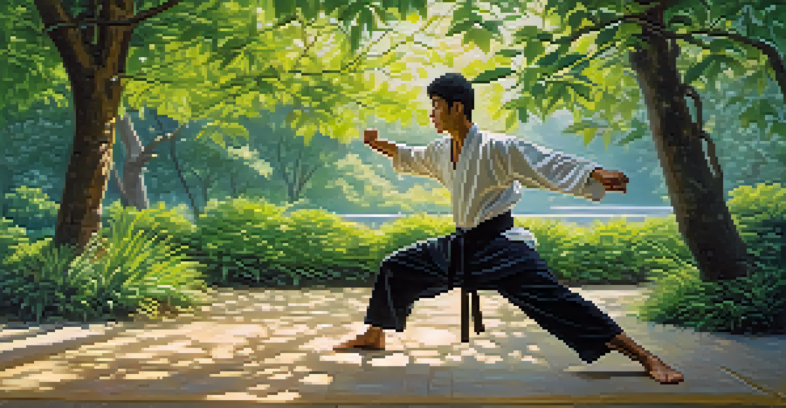 Martial artist practicing reflex drills outdoors among greenery.