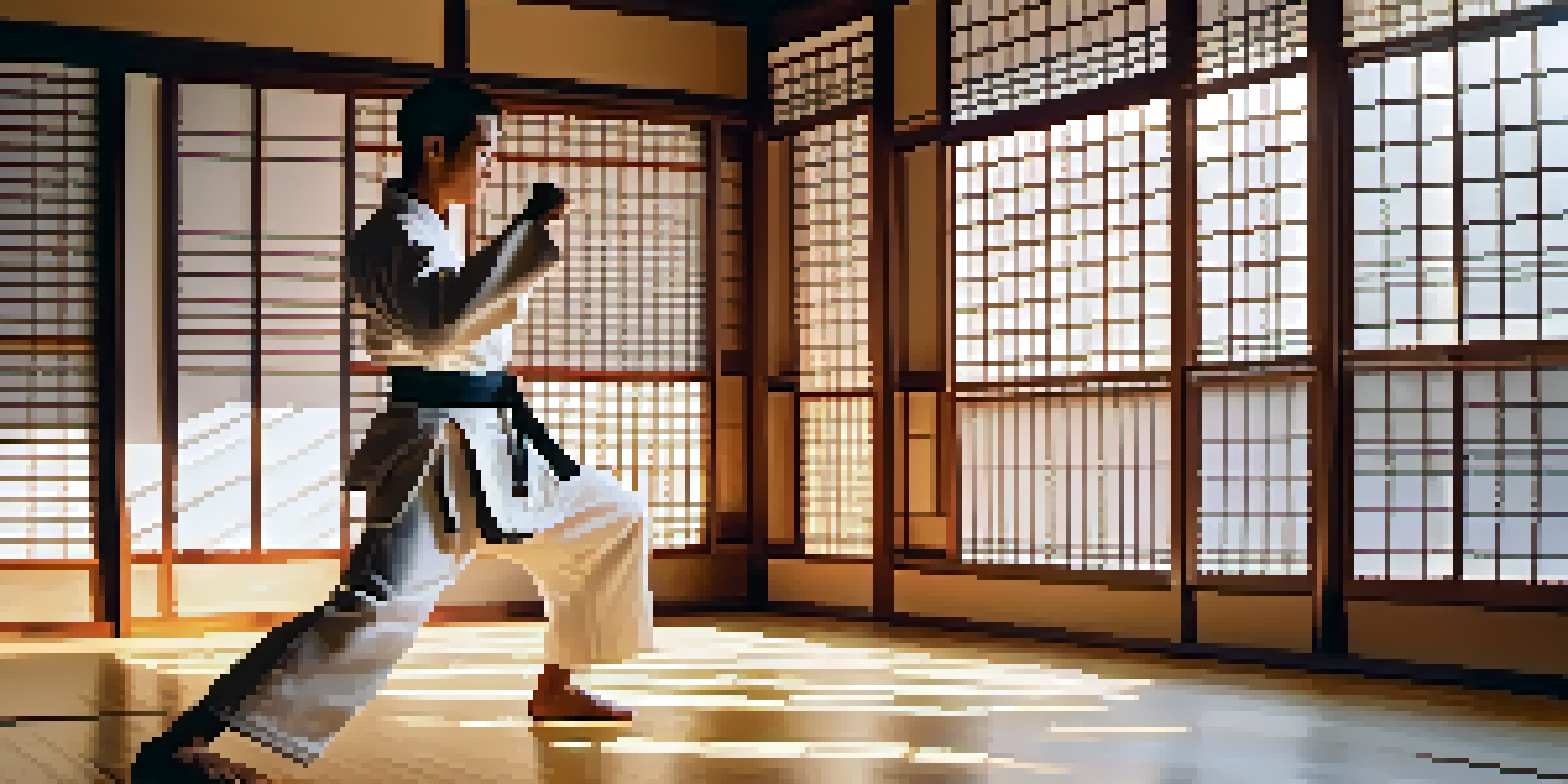 A martial artist performing a jab in a sunlit dojo with traditional decor and polished wooden floors.