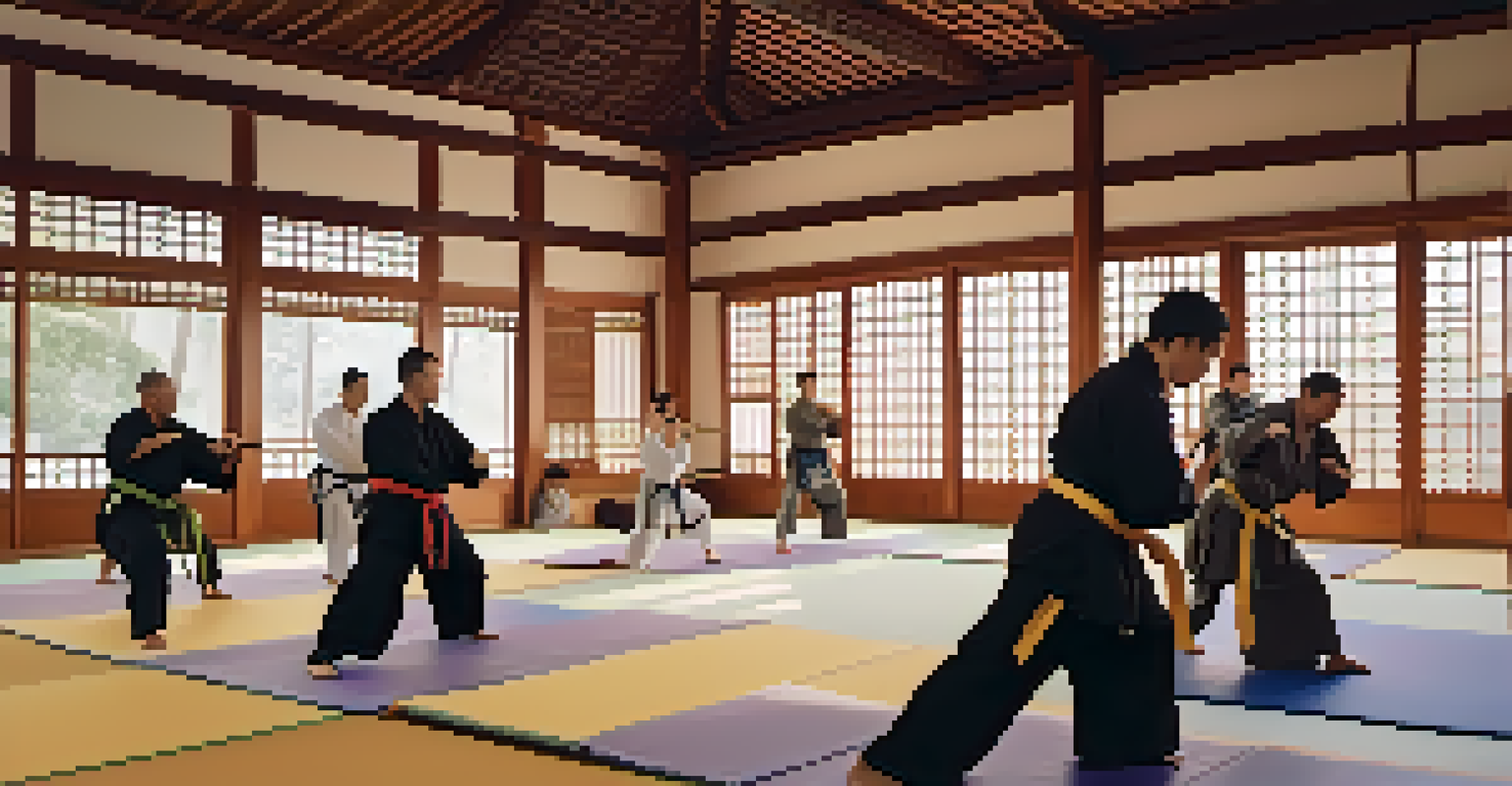 A diverse group of students training in a dojo with their instructor, sunlight streaming through the windows, creating a warm atmosphere.