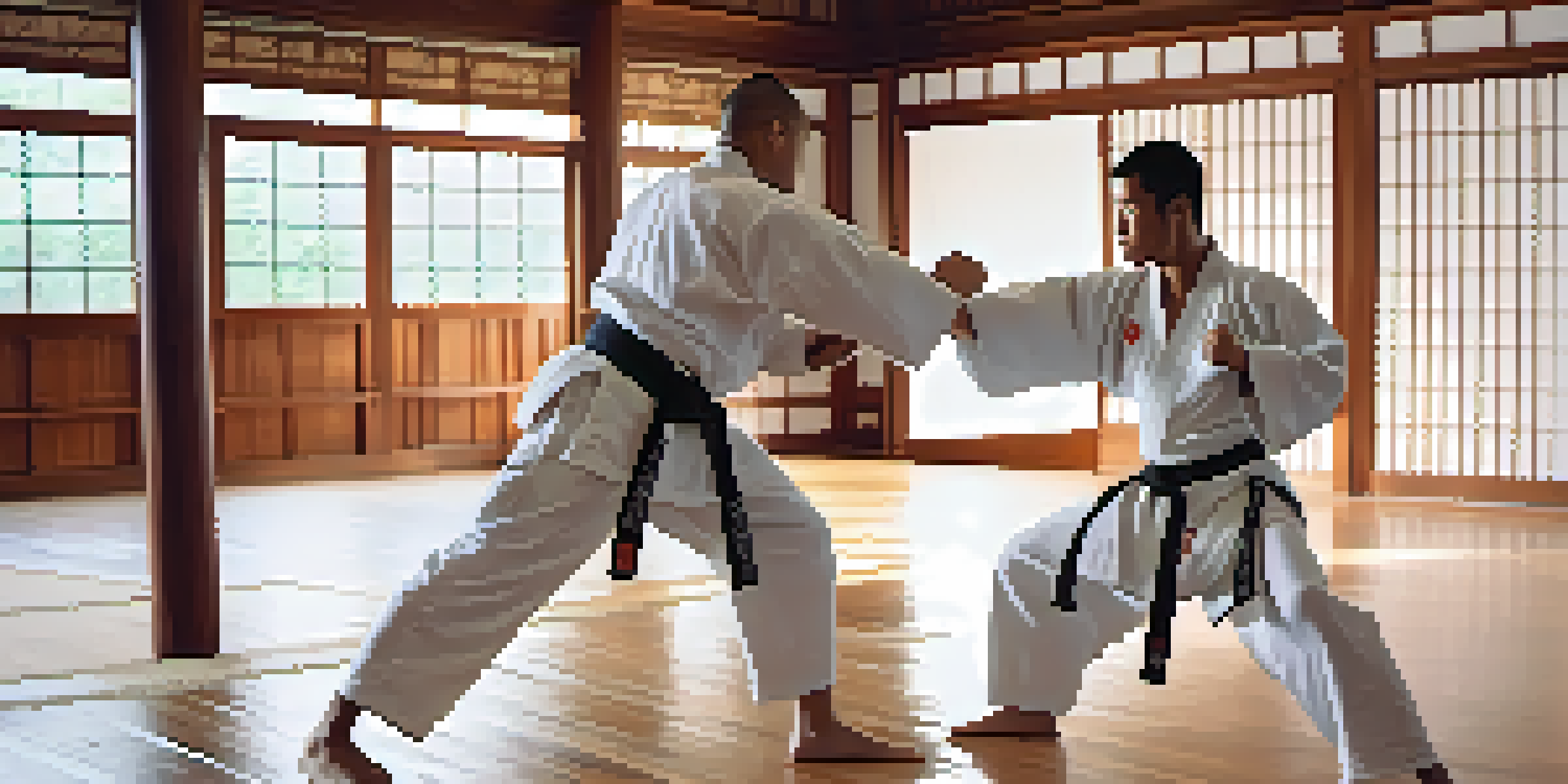 A martial artist sparring, dodging a punch in a dojo with natural light.