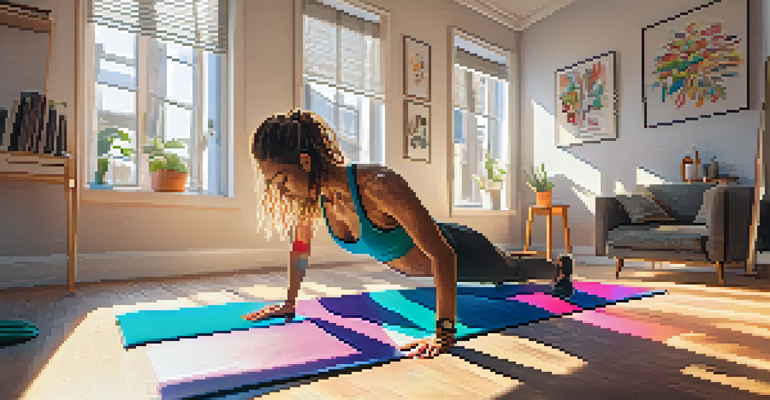 An individual performing push-ups on a yoga mat in a small apartment, surrounded by exercise equipment and bright sunlight.