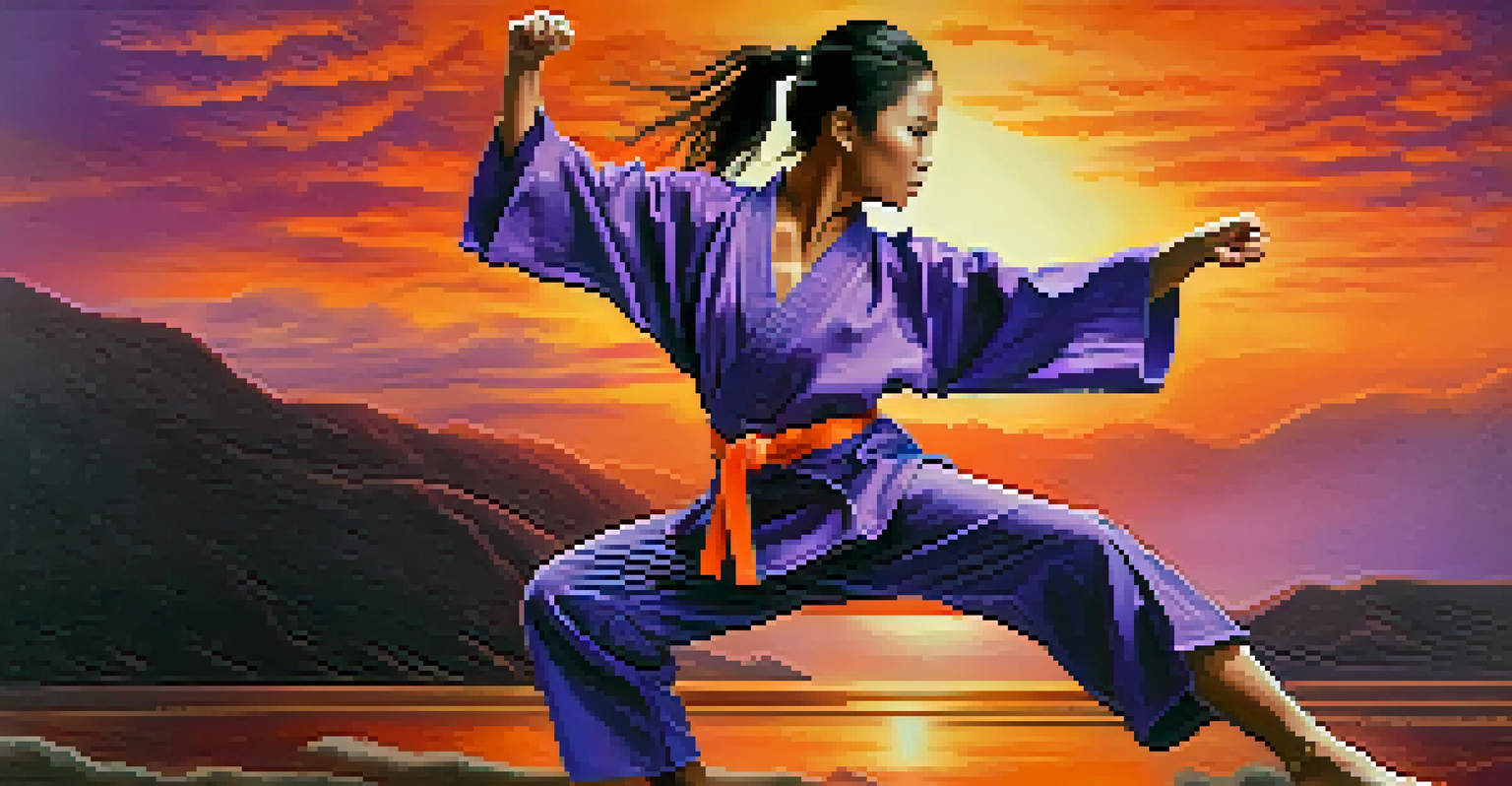 A female martial artist performing a high kick against a colorful sunset, showcasing strength and determination.