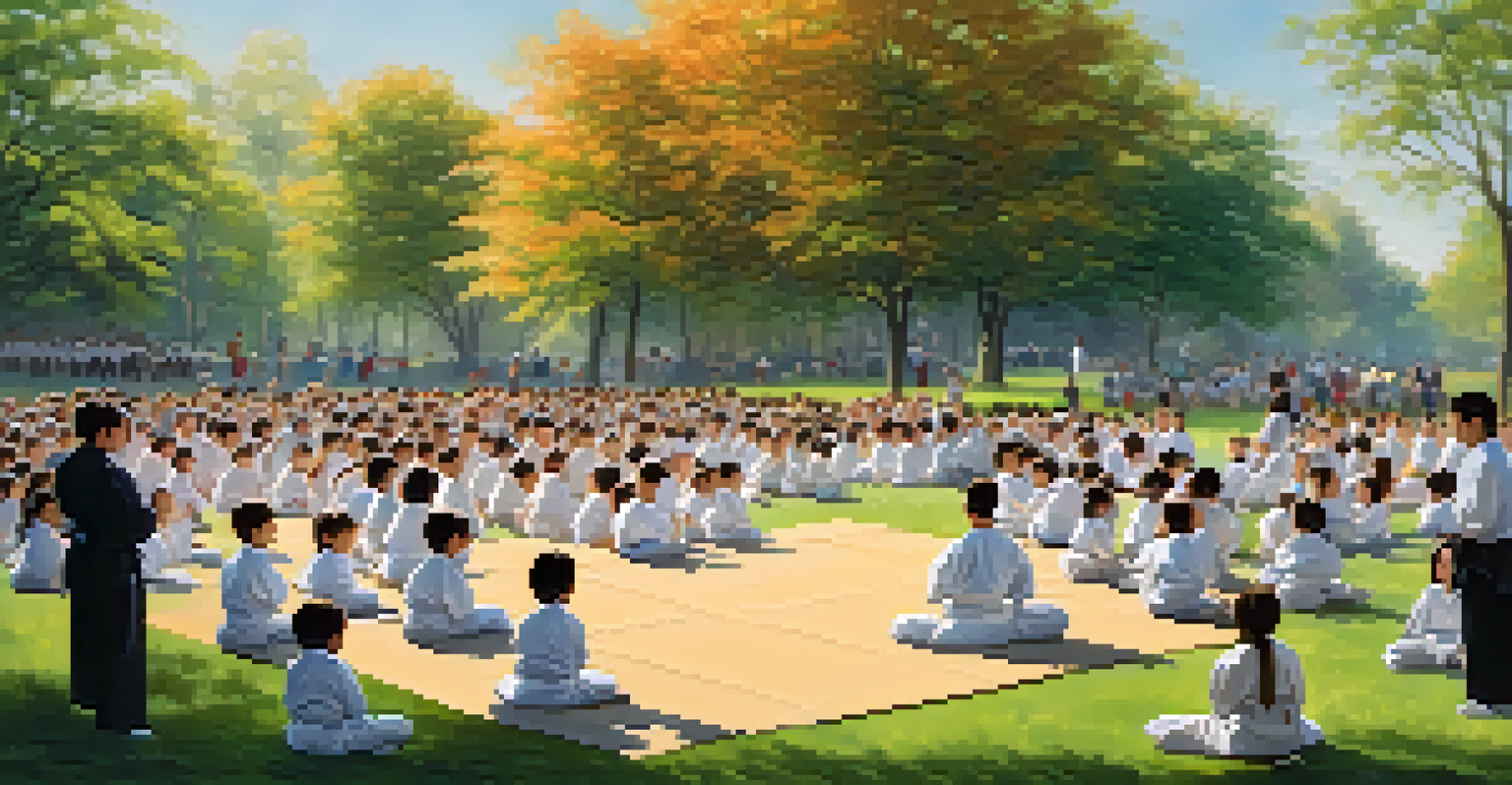 Young martial artists demonstrating self-defense techniques to an audience in a sunny park, highlighting community engagement.