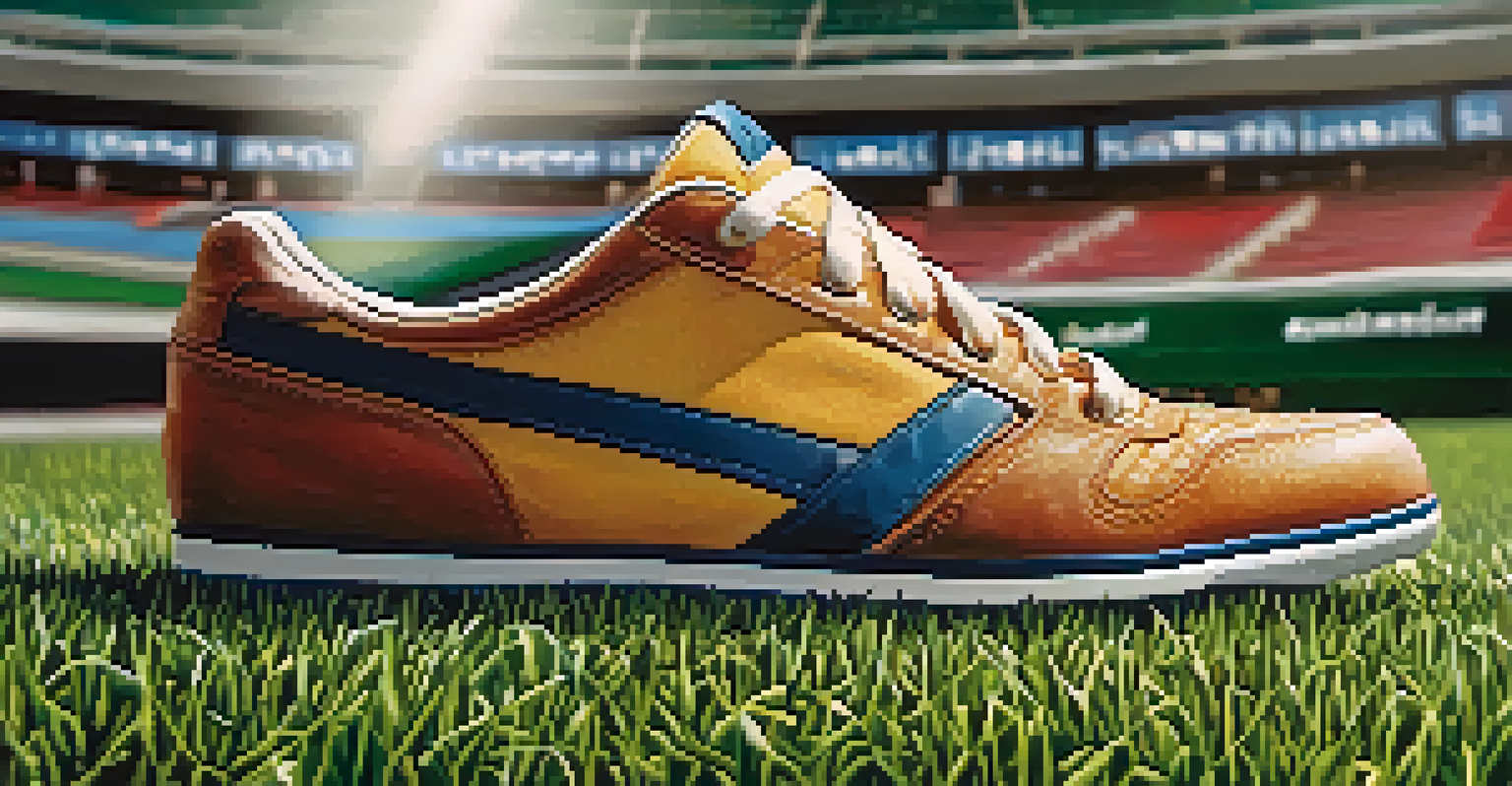 A close-up view of a soccer shoe with visible studs on grass, focusing on the footwear's design and texture.