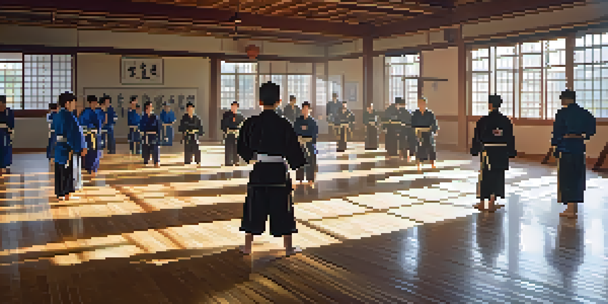 A peaceful dojo with sunlight shining on students practicing martial arts in traditional uniforms.