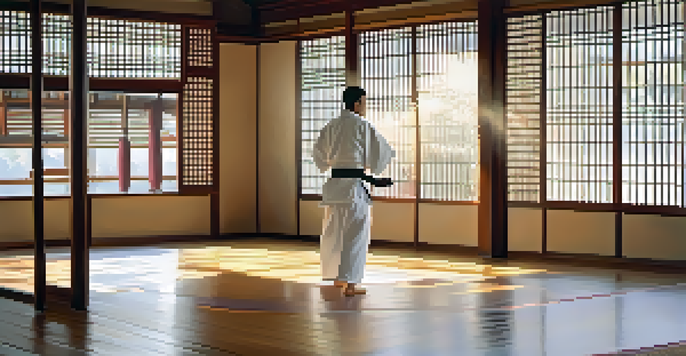 A martial arts dojo with a practitioner in a white gi performing a kata, illuminated by soft morning light.