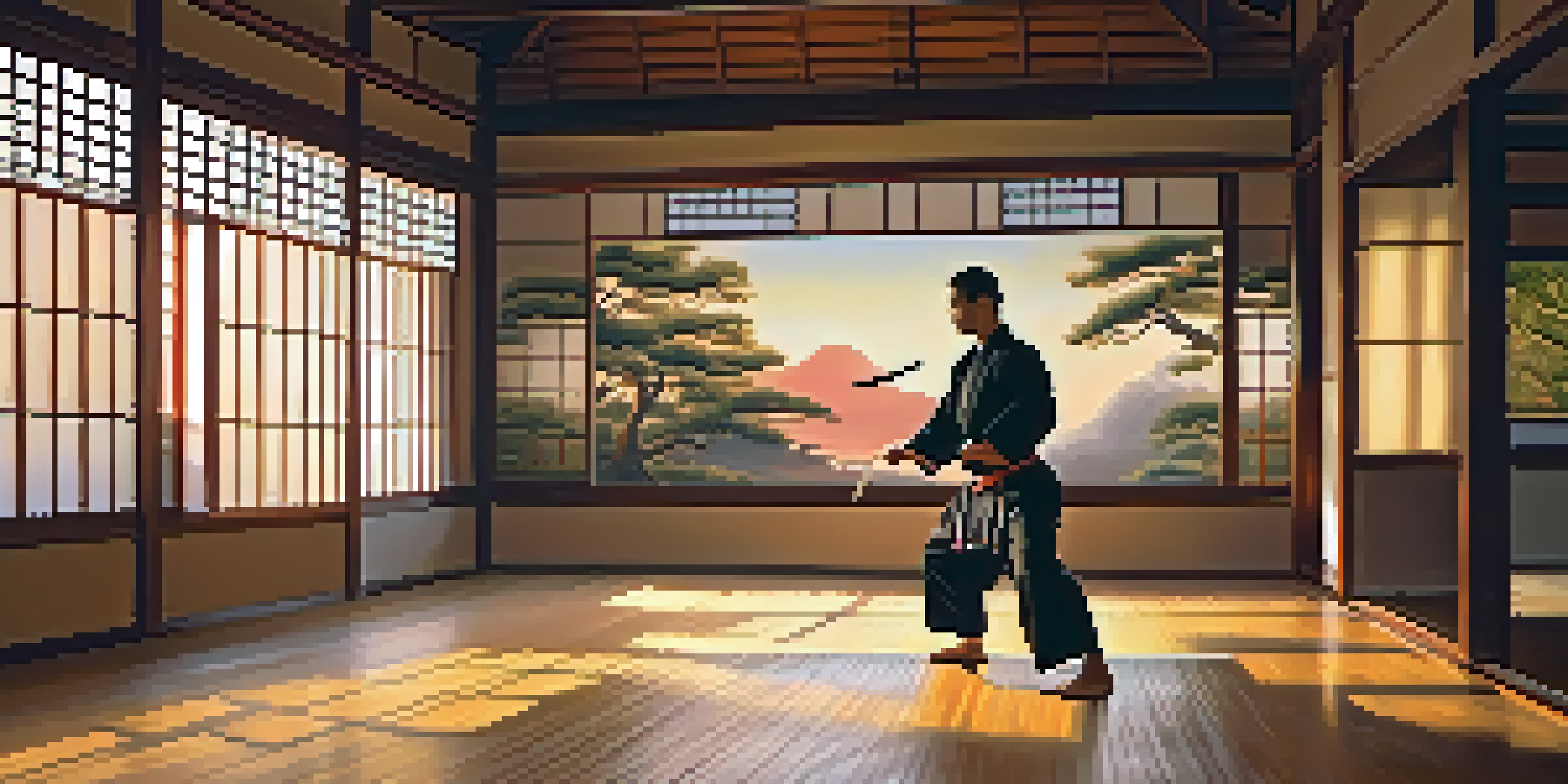 A martial artist practicing a kata in a serene dojo with warm lighting and wooden floors.