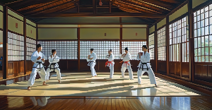 A diverse group of martial artists practicing katas in a bright, wooden dojo with sunlight streaming through windows.