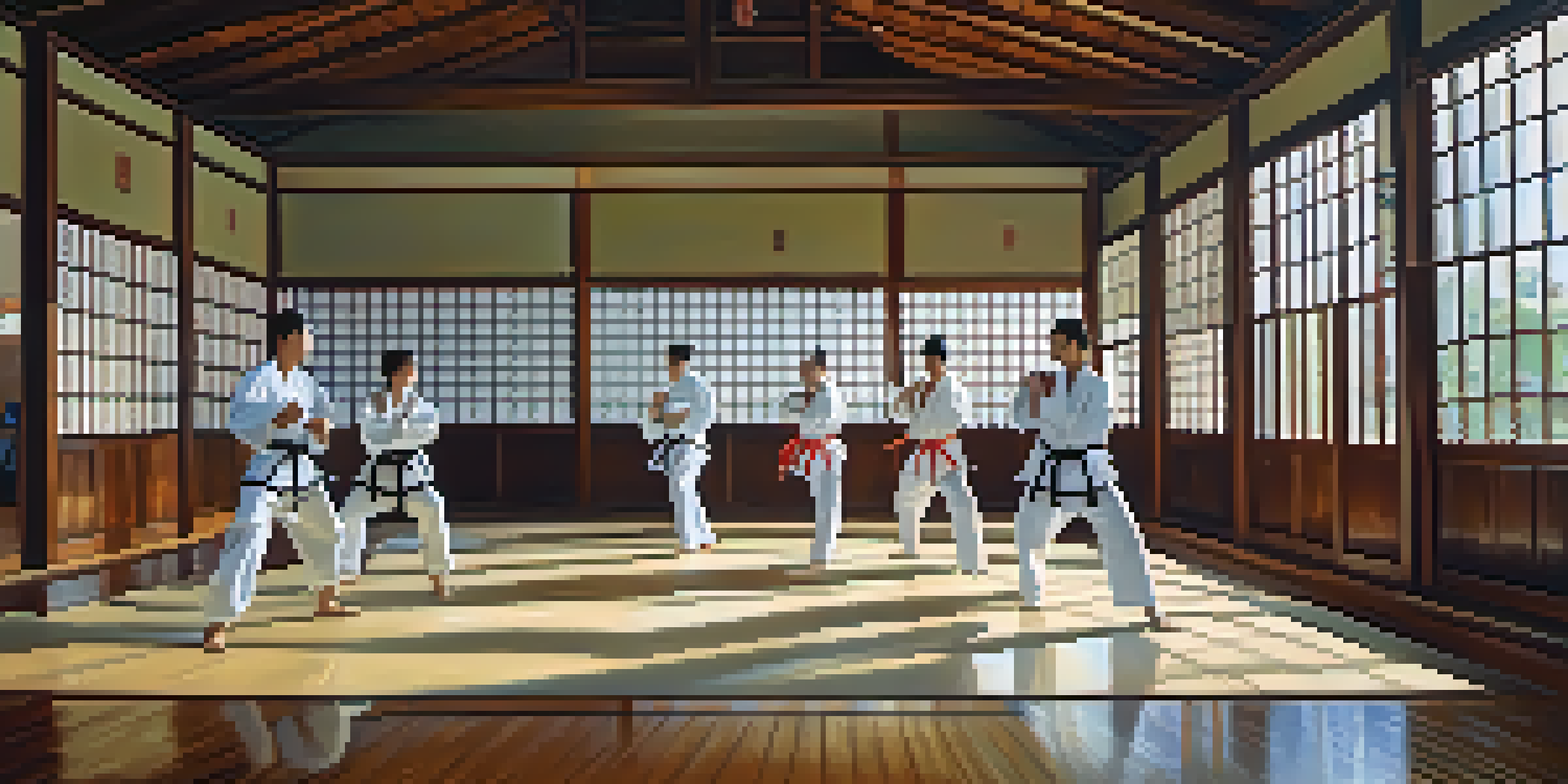 A diverse group of martial artists practicing katas in a bright, wooden dojo with sunlight streaming through windows.