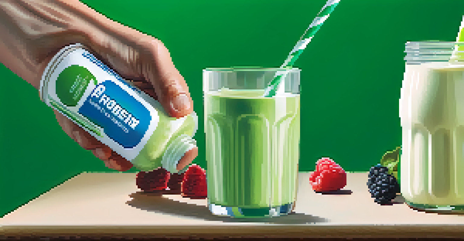 A close-up of a protein shake held in a hand, surrounded by fresh berries and protein powder on a green background.