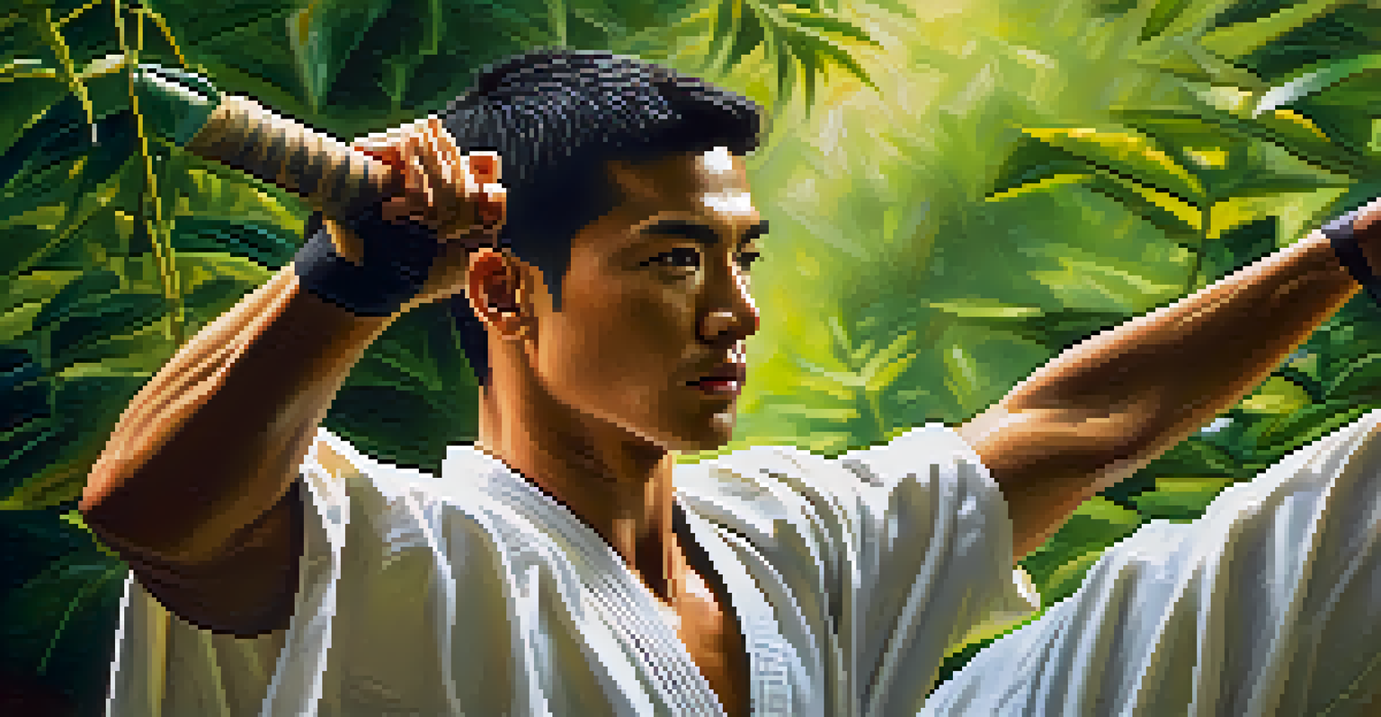 A martial artist performing a static stretch outdoors, surrounded by greenery, with sunlight filtering through the leaves.