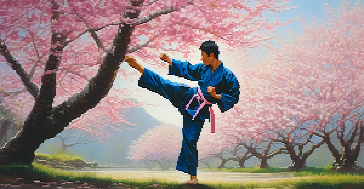 A martial artist performing kata under a cherry blossom tree, with pink petals falling and sunlight filtering through the branches.