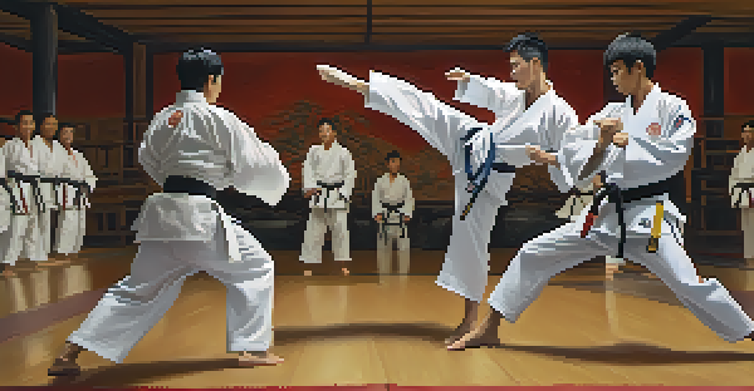 Two martial artists sparring in a dojo, demonstrating focus and dynamic movement during their training session.