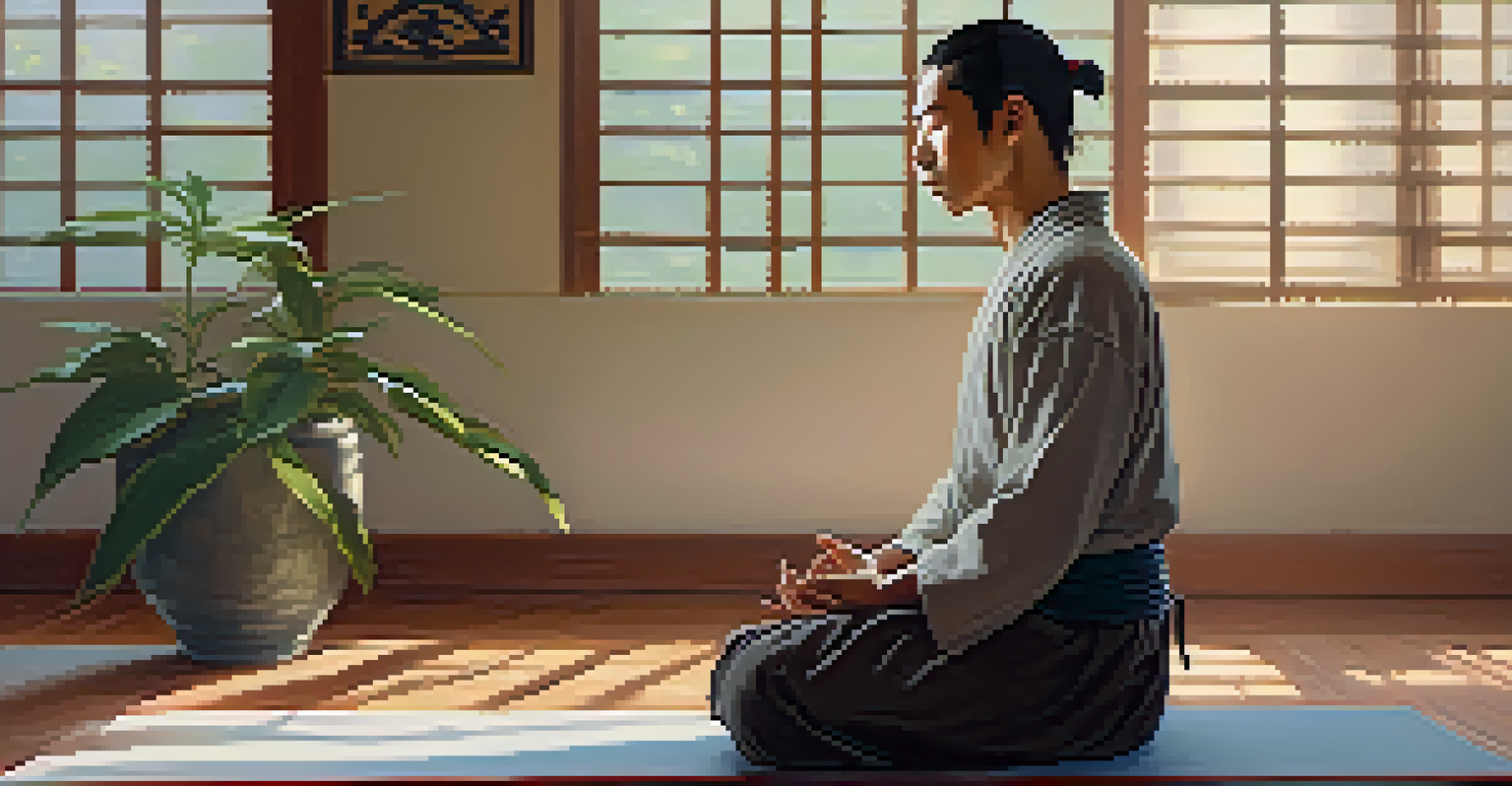 A close-up of a Kung Fu student meditating peacefully on a mat with warm lighting and a bamboo plant in the background.