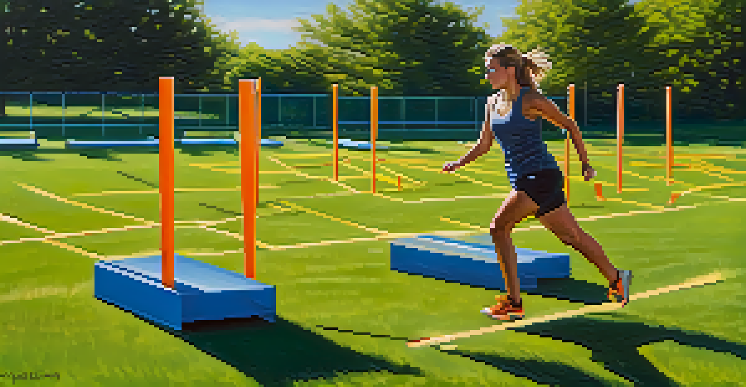 An athletic woman performing agility drills outdoors on a sunny day, showcasing her swift movements and determination.