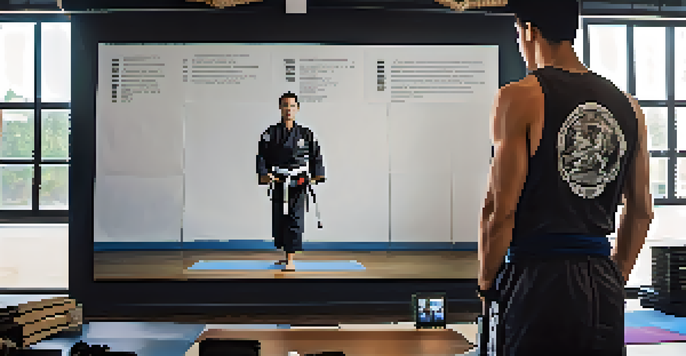 An athlete watching a martial arts video, taking notes in a dynamic training room.