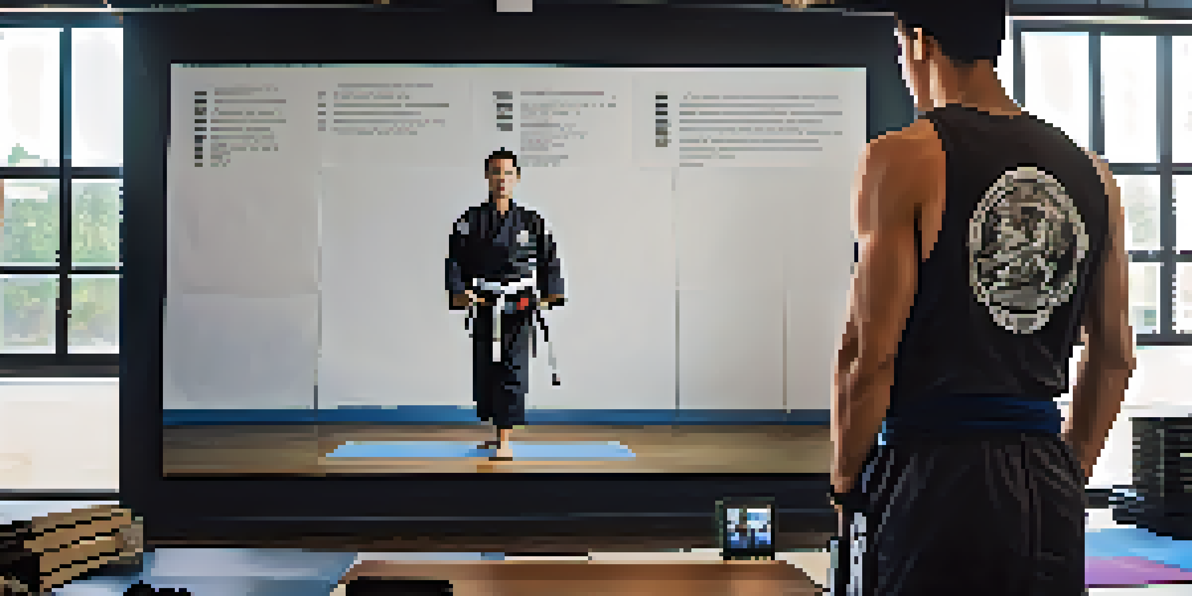 An athlete watching a martial arts video, taking notes in a dynamic training room.