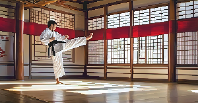 A martial artist in a white gi performs a high kick in a sunlit dojo with wooden flooring and banners.