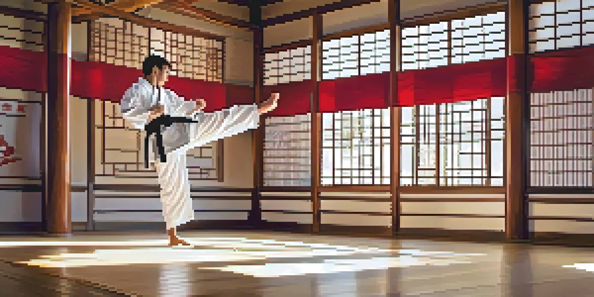 A martial artist in a white gi performs a high kick in a sunlit dojo with wooden flooring and banners.