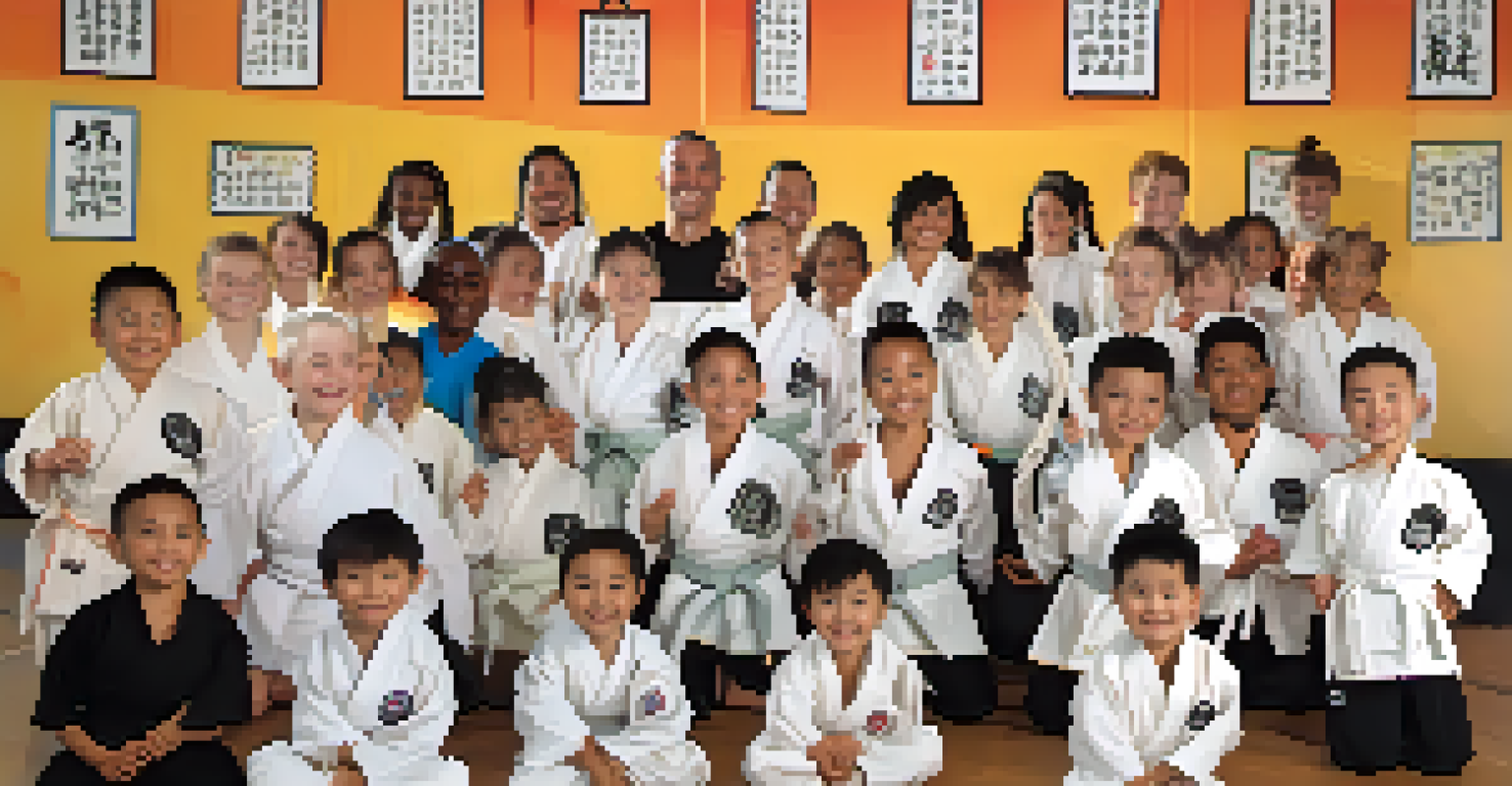 A group of martial arts students celebrating together in a dojo, showcasing diversity and camaraderie.