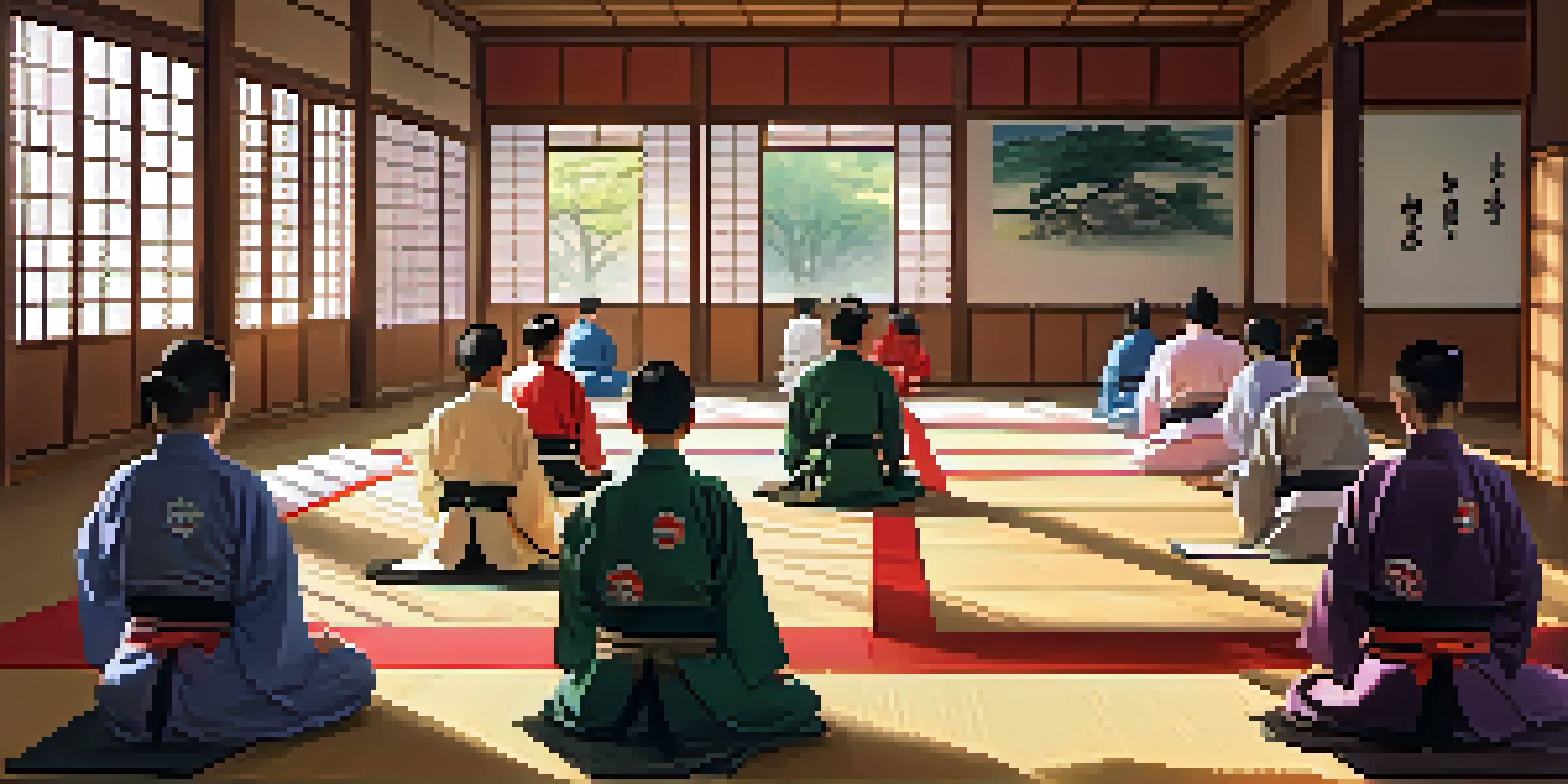 A peaceful dojo scene with students bowing to their instructor, surrounded by traditional decor and natural light.