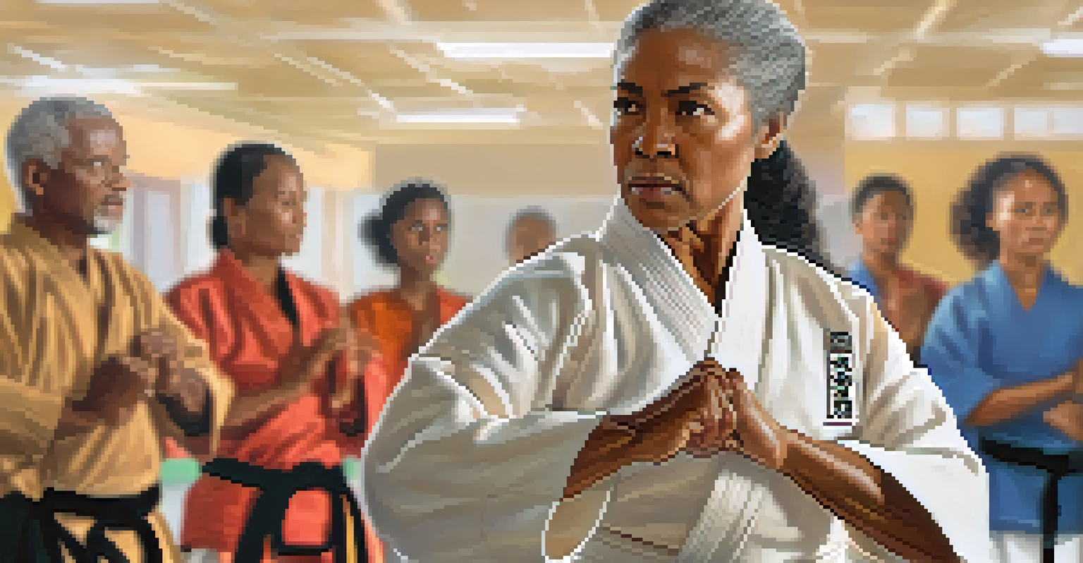 An older African American woman practicing a simplified hand strike in martial arts attire, showing concentration.