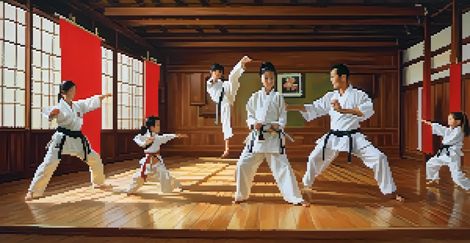 A diverse family engaged in a martial arts class, demonstrating techniques with smiles and determination, in a colorful dojo setting.