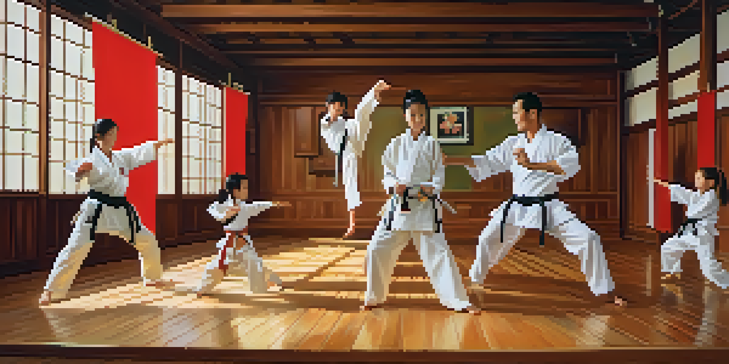 A diverse family engaged in a martial arts class, demonstrating techniques with smiles and determination, in a colorful dojo setting.