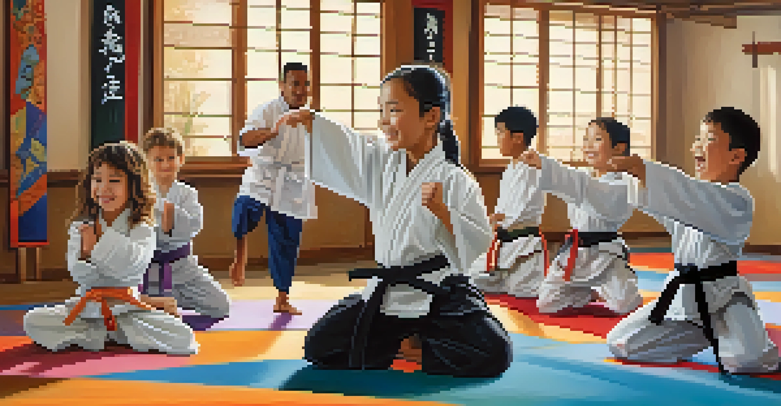 Children happily practicing martial arts moves in a colorful class, with a smiling instructor guiding them.