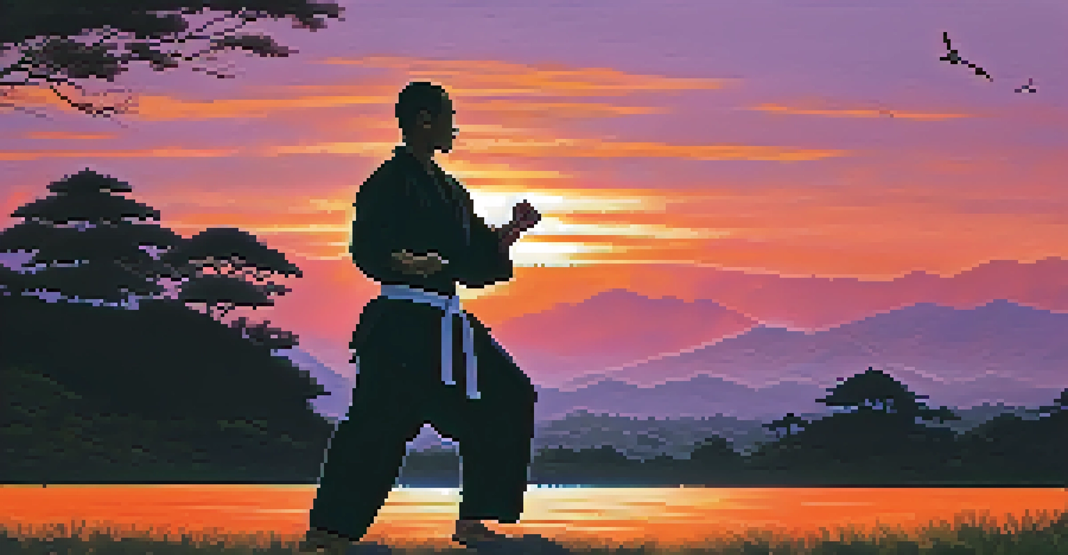 A martial artist performing a kata at sunset, with a colorful sky and nature in the background.