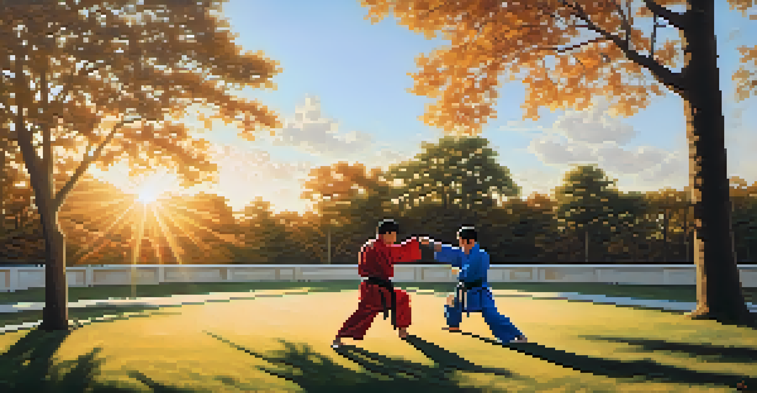 Students sparring in a park during sunset, showcasing teamwork and respect in martial arts training.