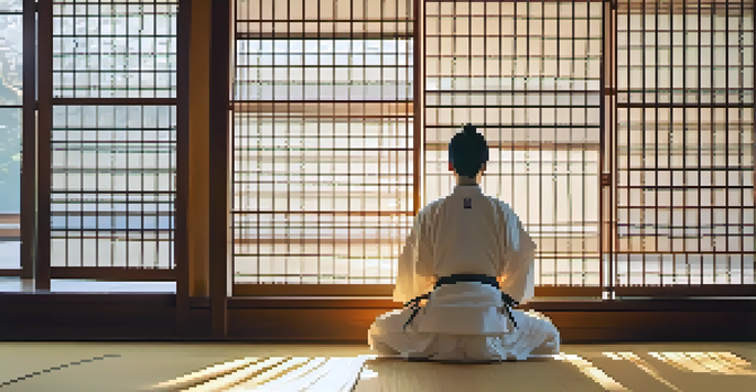 A martial artist practicing kata in a tranquil dojo at sunrise, with golden light and bonsai trees.