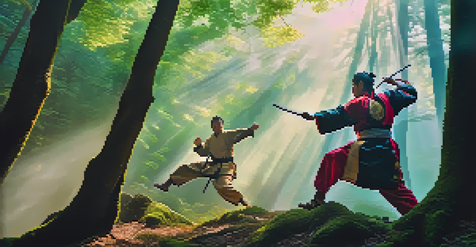 A dramatic fight scene between two martial artists in a misty forest, with vibrant costumes and sunlight filtering through the trees.