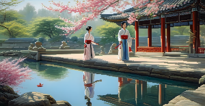 A serene garden with ancient female martial artists practicing kung fu, surrounded by cherry blossom trees and a pond.