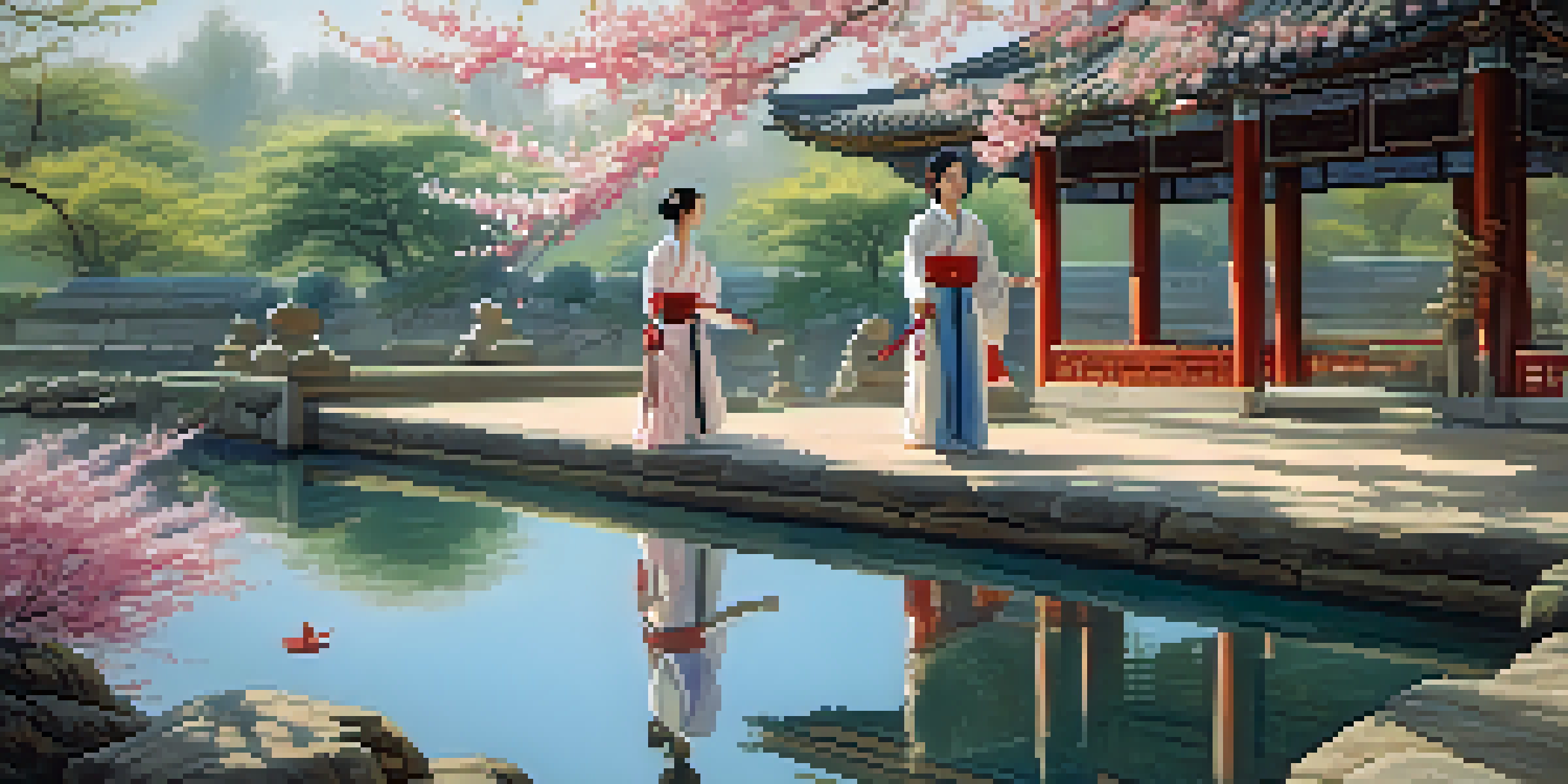 A serene garden with ancient female martial artists practicing kung fu, surrounded by cherry blossom trees and a pond.