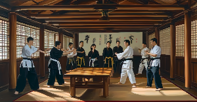 A group of diverse individuals practicing Wing Chun martial arts in a warmly lit indoor setting with a wooden dummy.