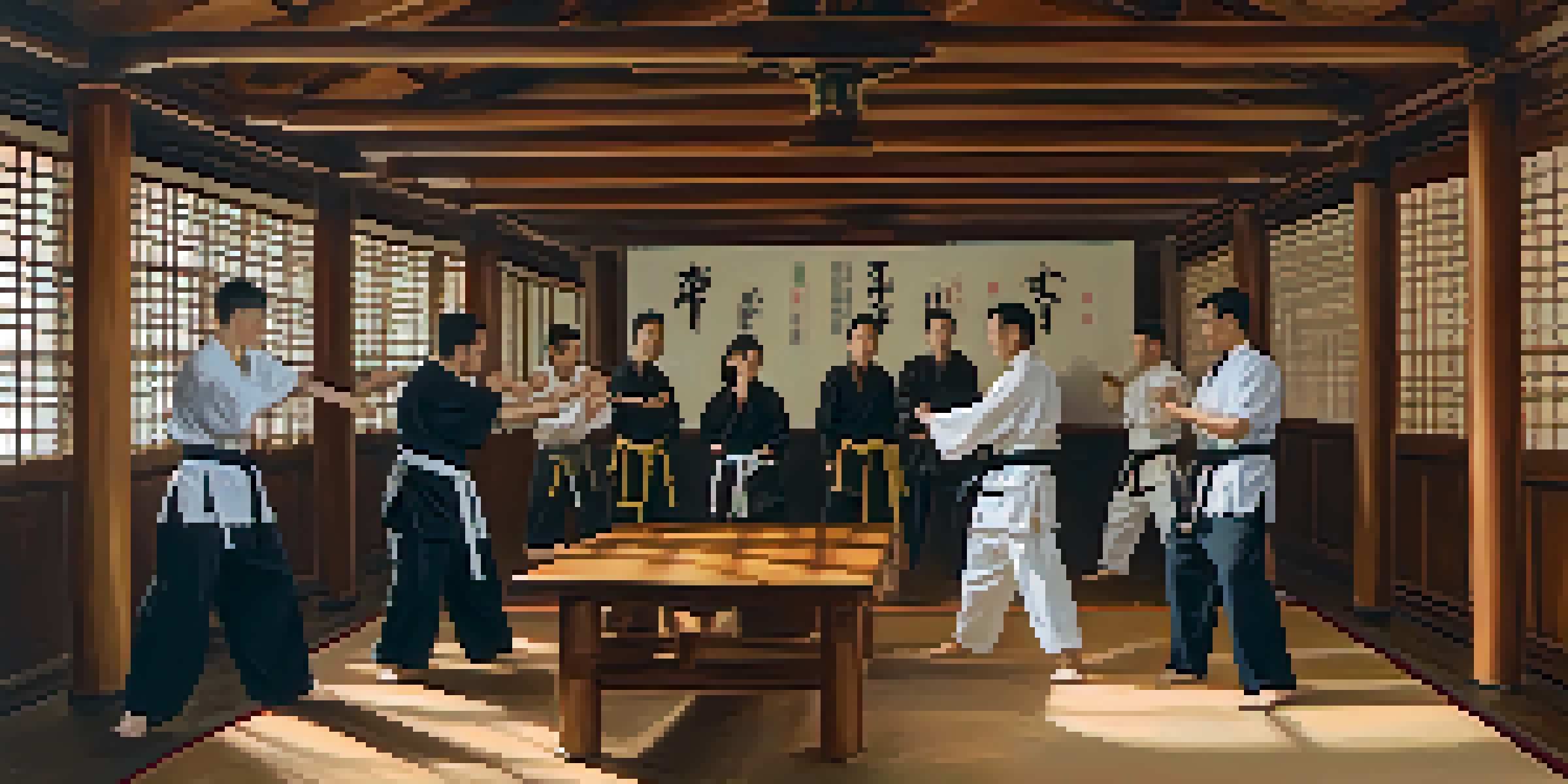A group of diverse individuals practicing Wing Chun martial arts in a warmly lit indoor setting with a wooden dummy.