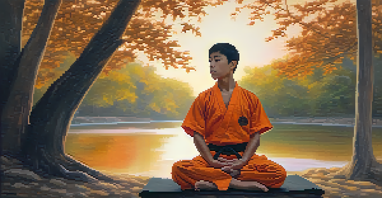A young martial artist meditating outdoors during sunset, surrounded by nature.