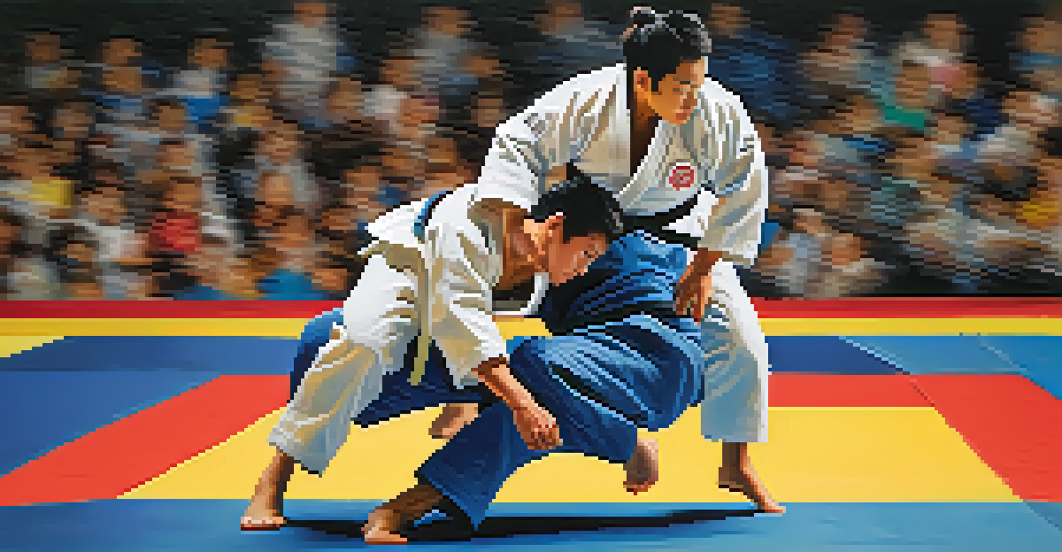 Two competitors in a Judo match performing throws on a tatami mat in an action-packed scene.