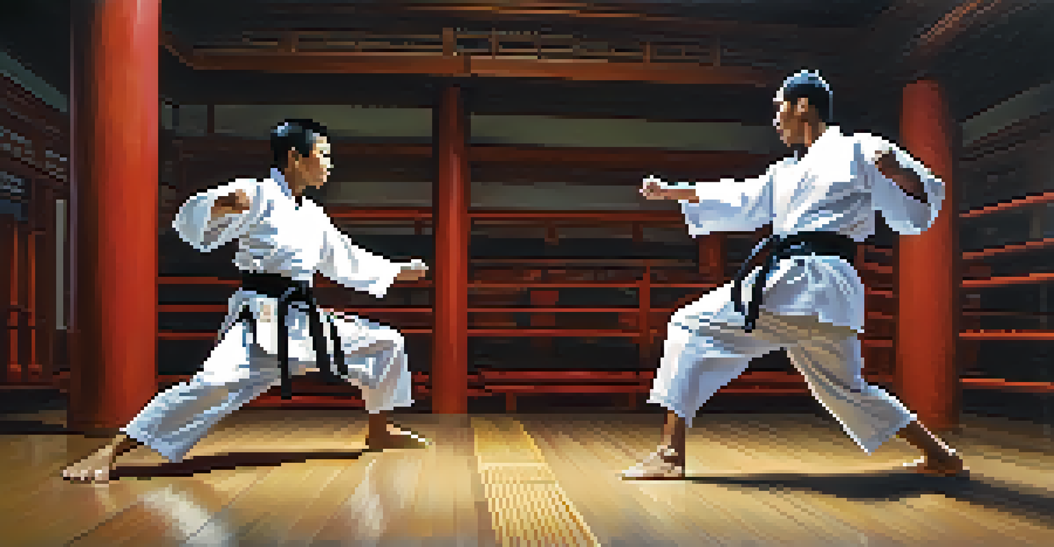Two martial artists sparring in a dojo, showcasing intense focus and dynamic movement.