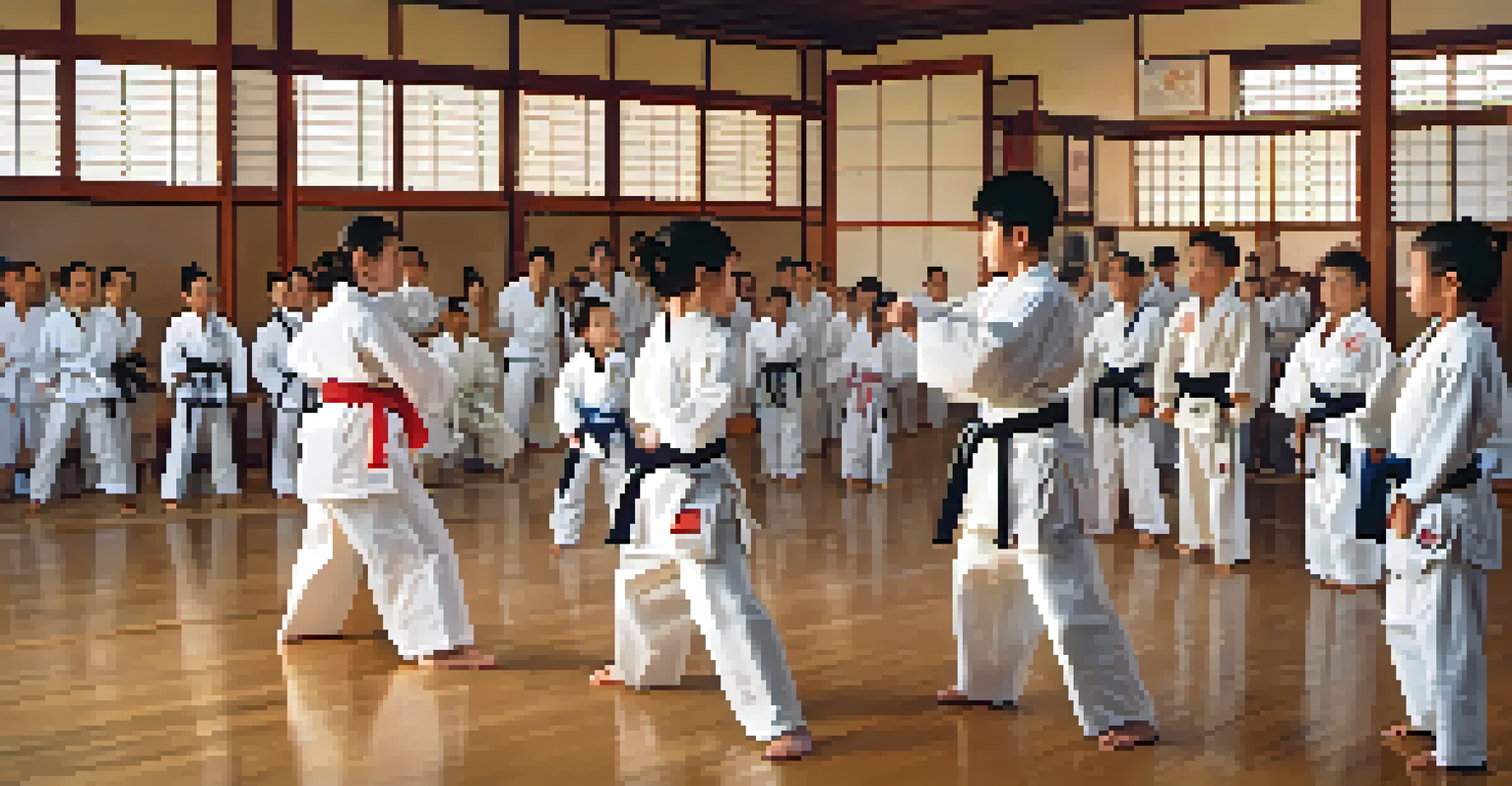 A martial arts instructor demonstrating a technique to attentive students in a dojo atmosphere.