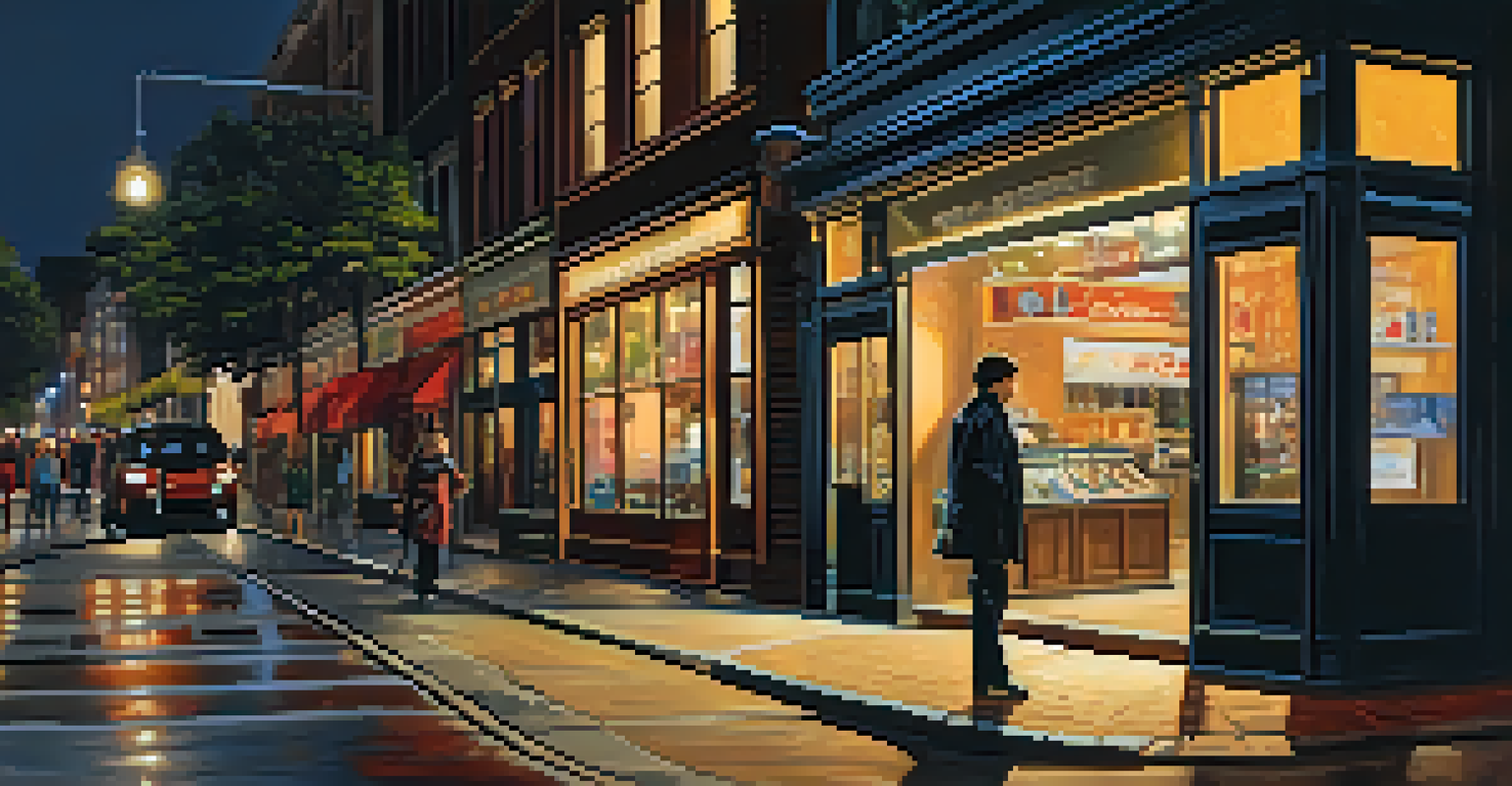 A person walking confidently on a well-lit urban street at night, showing awareness of their surroundings.
