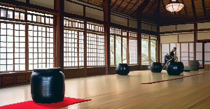 A peaceful dojo with practitioners of different ages and ethnicities practicing martial arts together, showcasing respect and discipline.