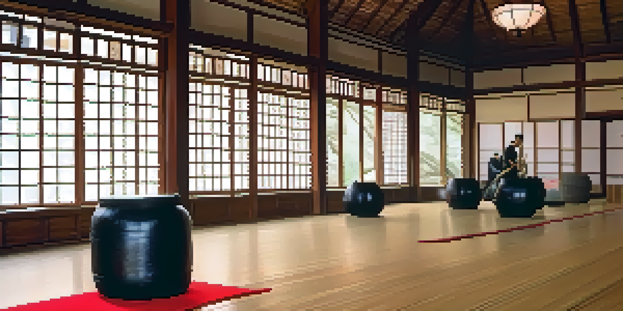 A peaceful dojo with practitioners of different ages and ethnicities practicing martial arts together, showcasing respect and discipline.