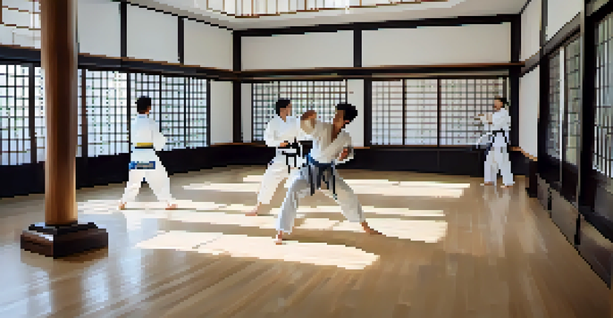 Two martial artists in a dojo practicing sparring, with soft natural light and traditional decorations.