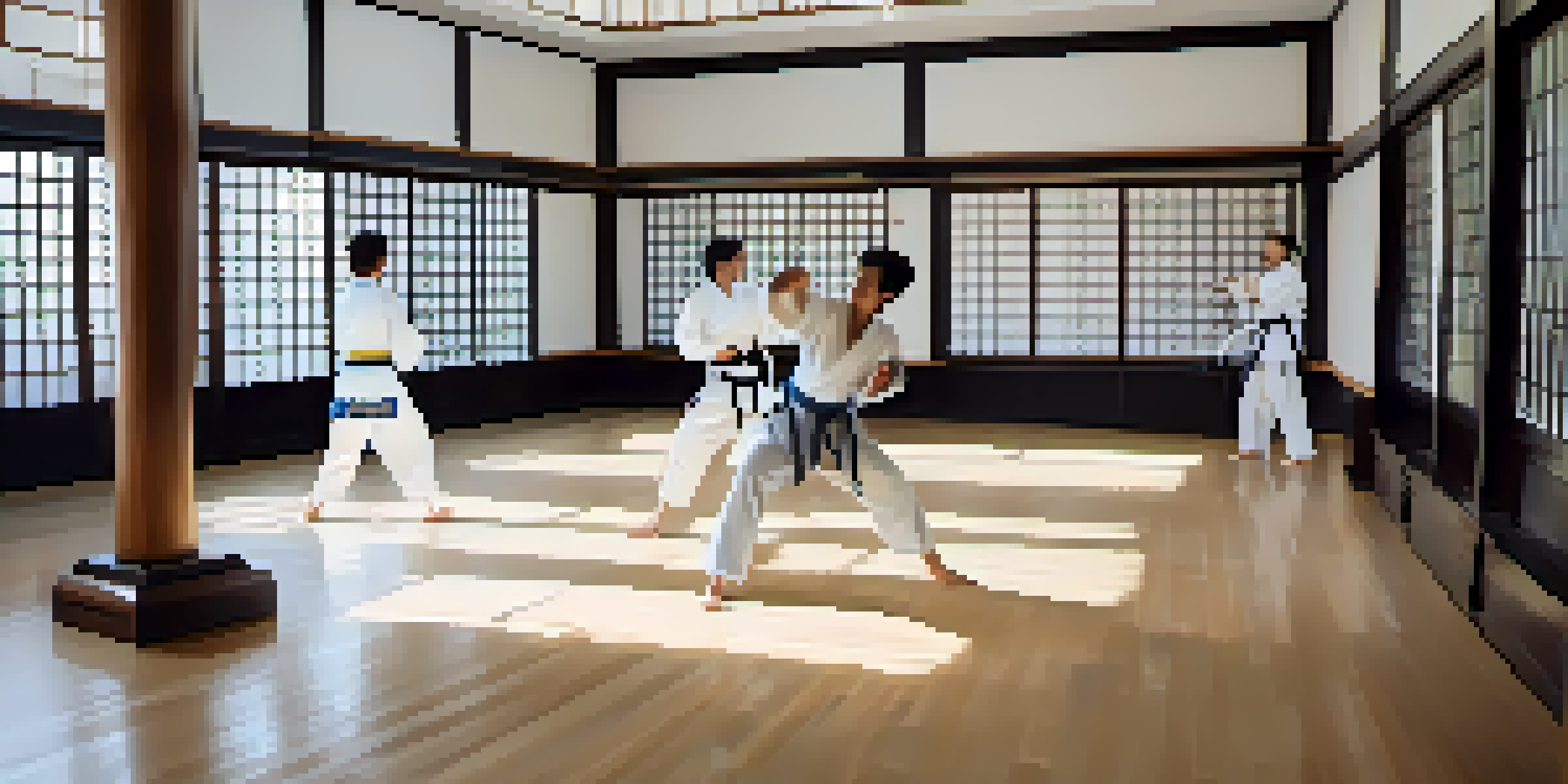 Two martial artists in a dojo practicing sparring, with soft natural light and traditional decorations.