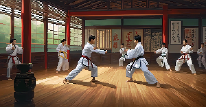 A diverse group of martial arts students engaged in a sparring session in a traditional dojo, showcasing teamwork and skill.