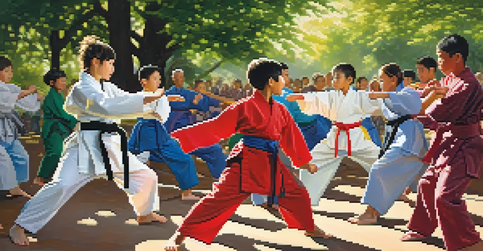 A diverse group of individuals practicing martial arts in a park, surrounded by trees and sunlight, highlighting unity and focus.