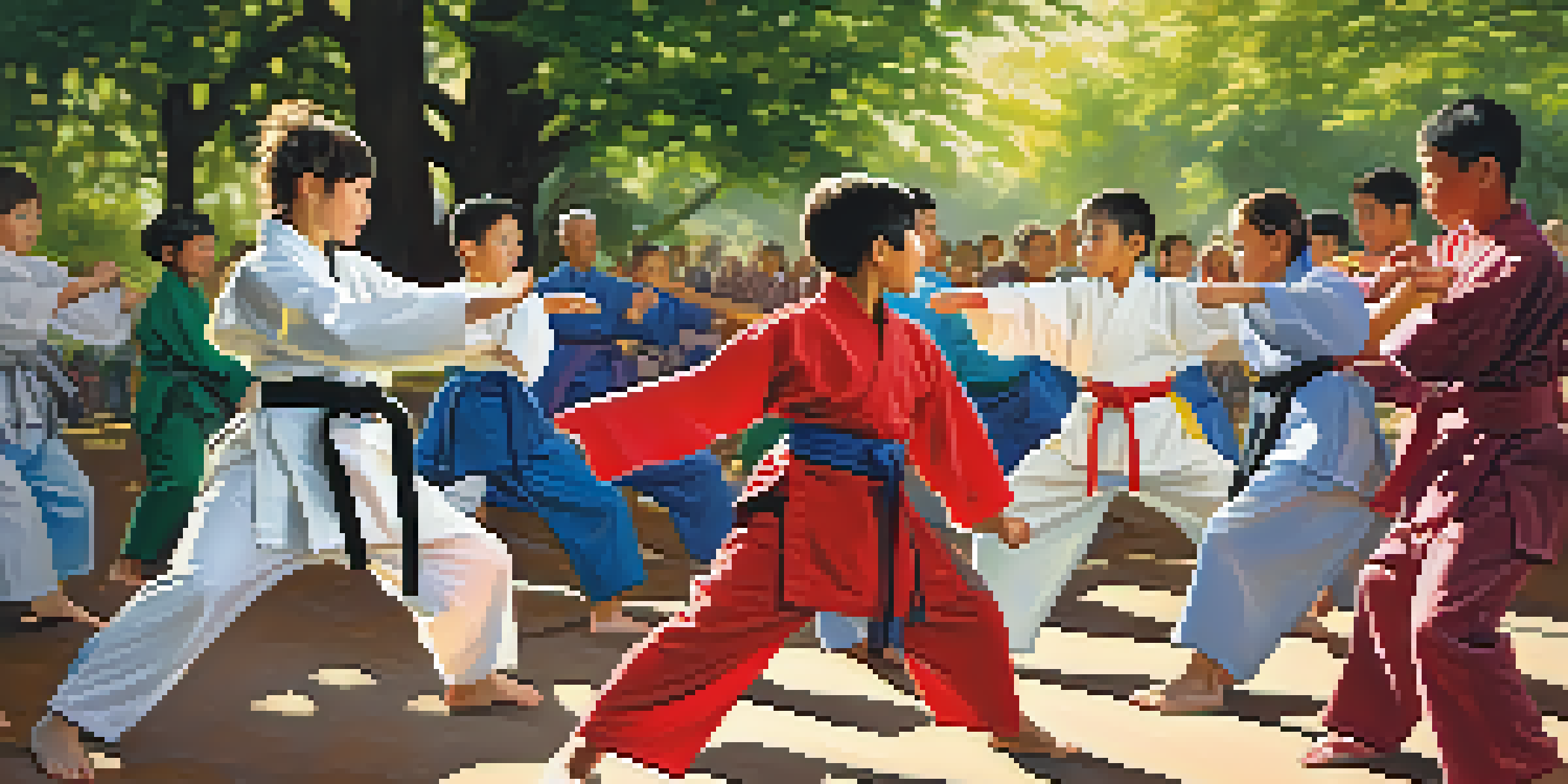 A diverse group of individuals practicing martial arts in a park, surrounded by trees and sunlight, highlighting unity and focus.