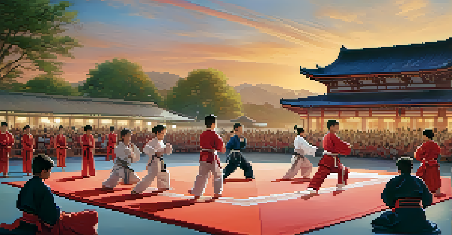 A community event where youth showcase their martial arts skills in front of a cheering audience, with colorful uniforms and festive lighting.